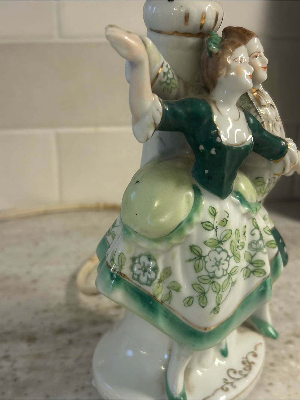 Porcelain Dancing Couple Figurine Lamp - Green and White Home Art - Picture 5 of 10